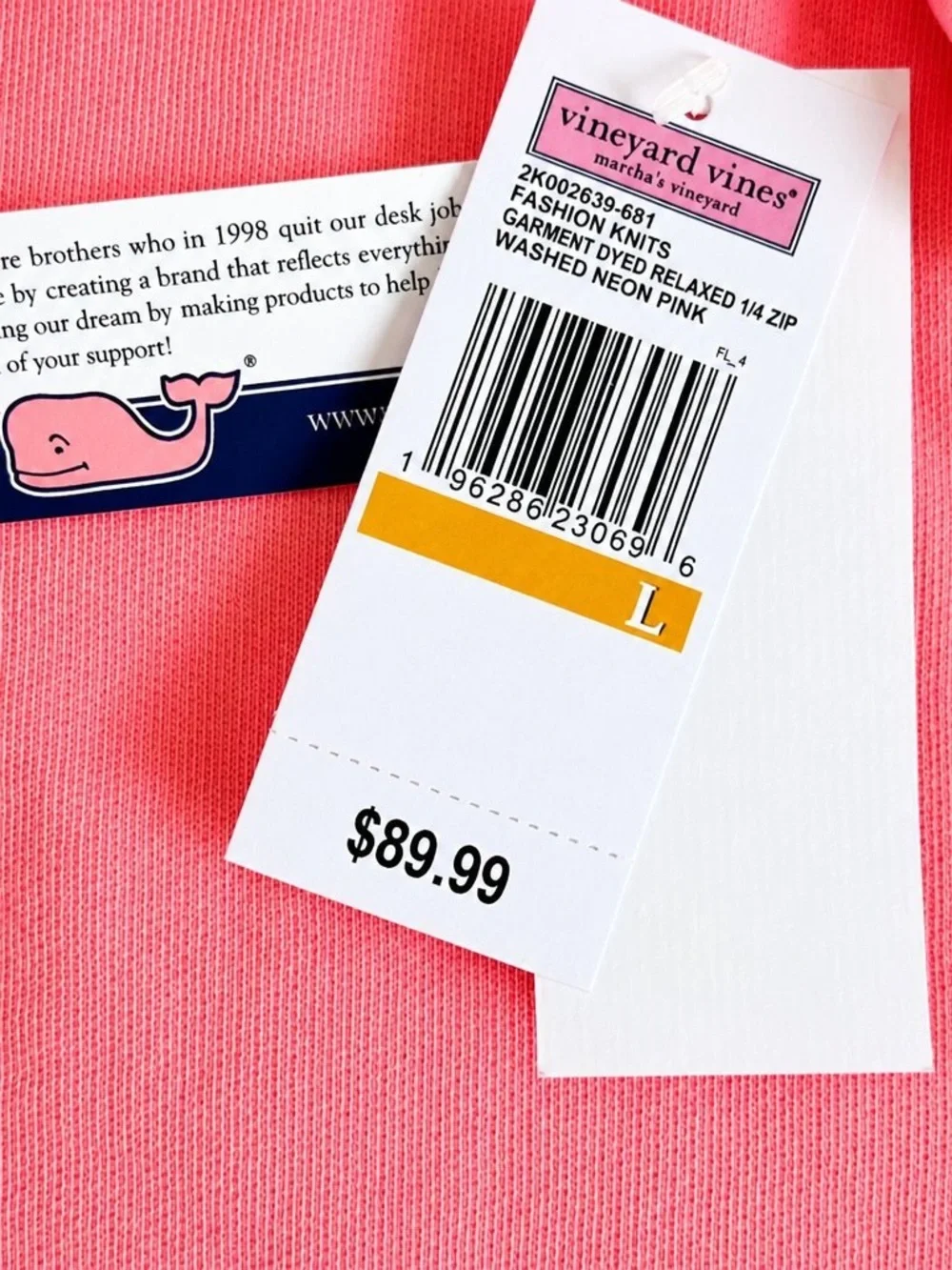 Vineyard Vines “Washed Neon” Pink 1/4 Zip Pullover NEW - Picture 5 of 6